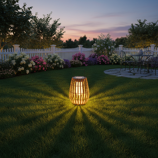 Handwoven Solar Rattan Floor Lamp – Outdoor Weather Resistant Design
