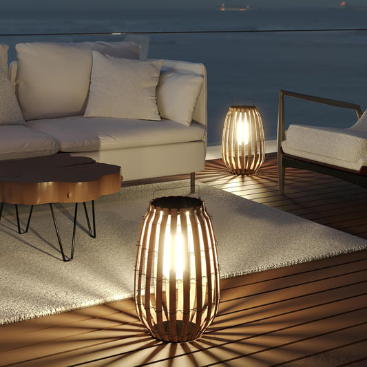 Handwoven Solar Rattan Floor Lamp – Outdoor Weather Resistant Design