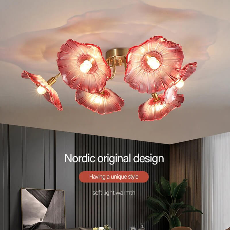 Glass Lotus Leaf Living Room Ceiling Lamp