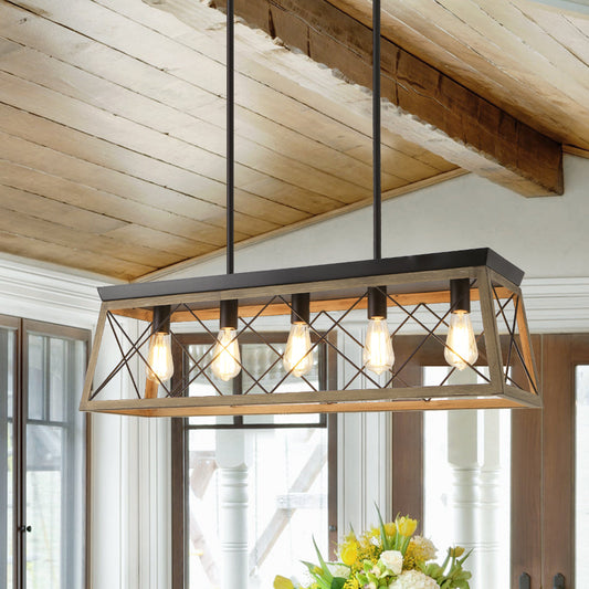 The Artisan Linear Island Chandelier | Real Solid Wood & 5 Free Edison Bulbs