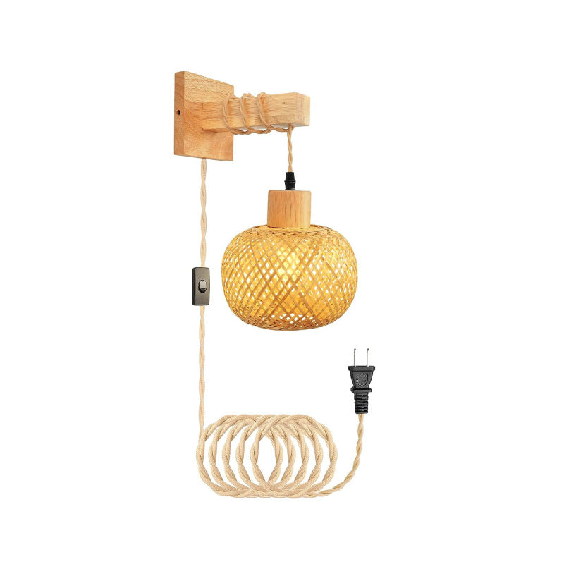 Rustic Farmhouse Round Wicker Wall Sconce – Woven Rattan Light Fixture