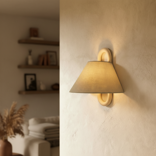 Rustic Farmhouse Wall Sconce – Wood & Fabric Shade Lamp