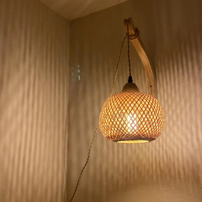 Rustic Farmhouse Round Wicker Wall Sconce – Woven Rattan Light Fixture