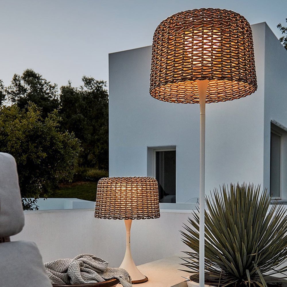 Solar Rattan Floor Lamp – Waterproof Teak Design,Warm Ambient Glow