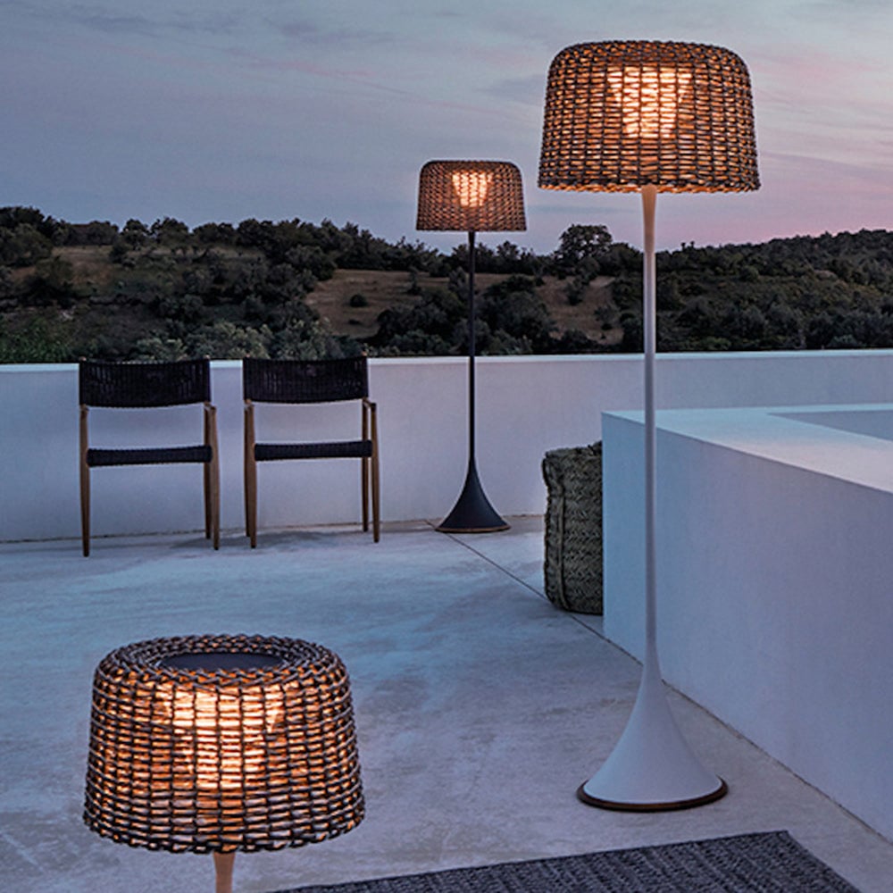 Solar Rattan Floor Lamp – Waterproof Teak Design,Warm Ambient Glow