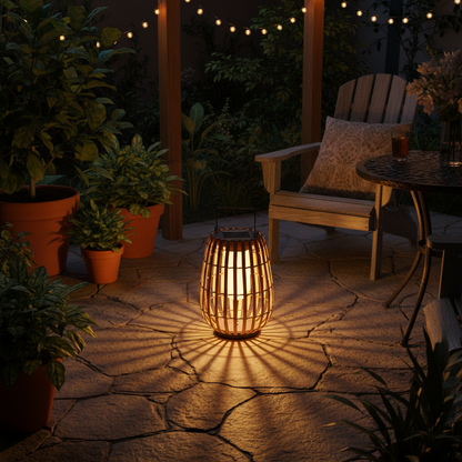 Handwoven Solar Rattan Floor Lamp – Outdoor Weather Resistant Design