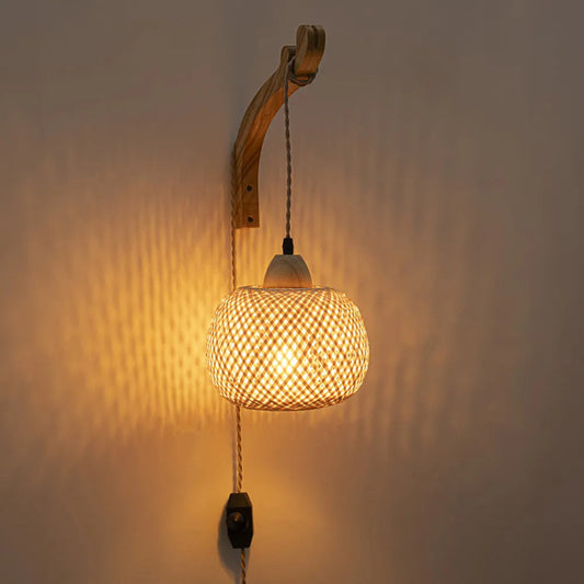 Rustic Farmhouse Round Wicker Wall Sconce – Woven Rattan Light Fixture