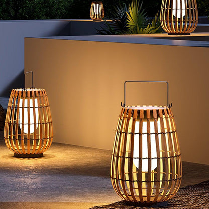 Handwoven Solar Rattan Floor Lamp – Outdoor Weather Resistant Design