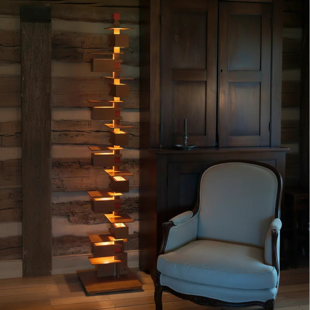 Handcrafted Multi-Layer Rectangular Solid Wood Floor Lamp