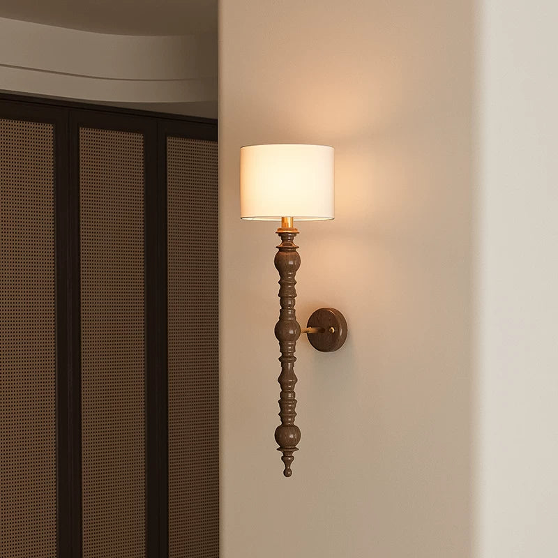 Vintage Farmhouse Handcrafted Wooden Wall Sconce with Linen Shade