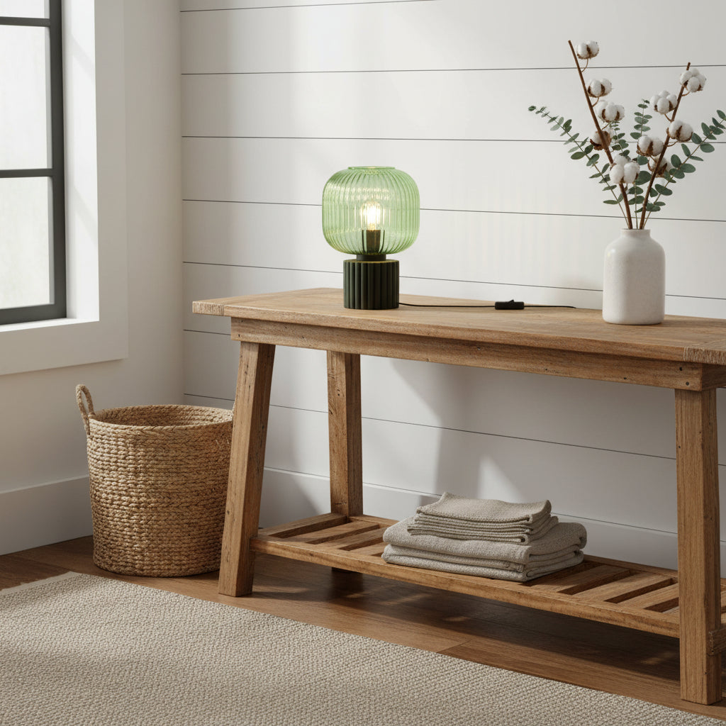 Verdant Glow Ribbed Glass Table Lamp