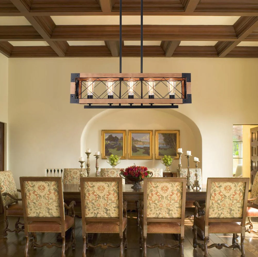 The Artisan Linear Island Chandelier | Real Solid Wood & 5 Free Edison Bulbs