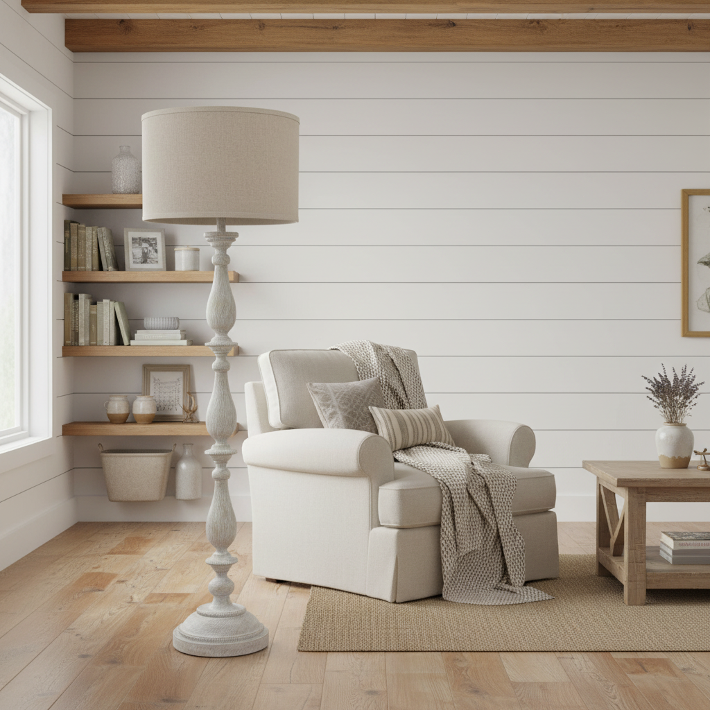 Farmhouse Whitewash Wood Candlestick Floor Lamp