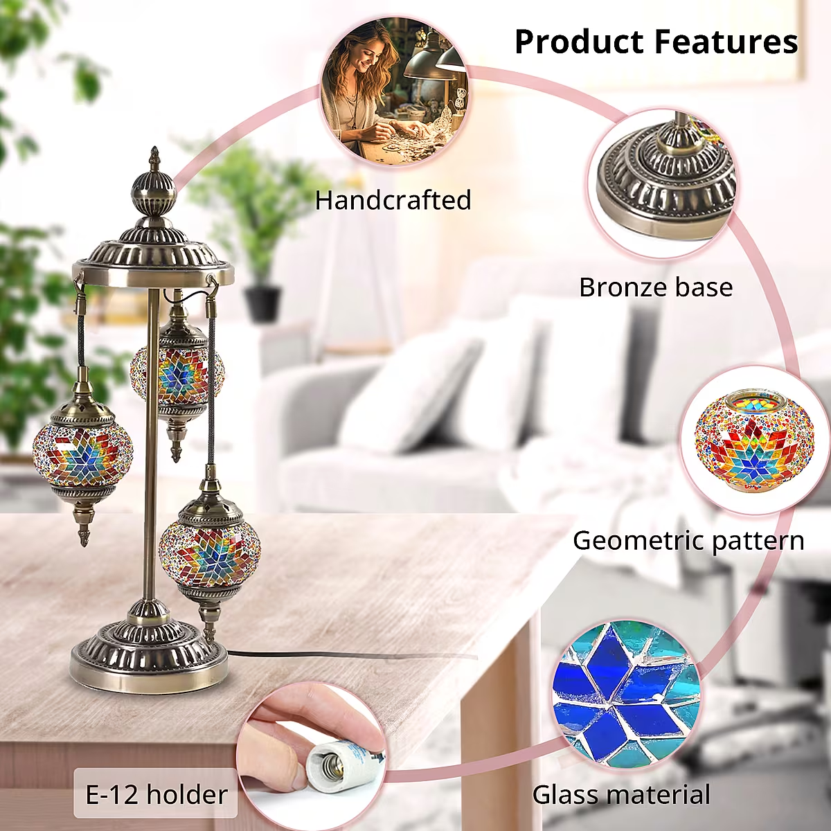 Handcrafted Mosaic 3-Globe Table Lamp | Tiffany Style Stained Glass Art