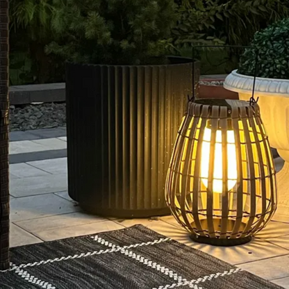 Handwoven Solar Rattan Floor Lamp – Outdoor Weather Resistant Design