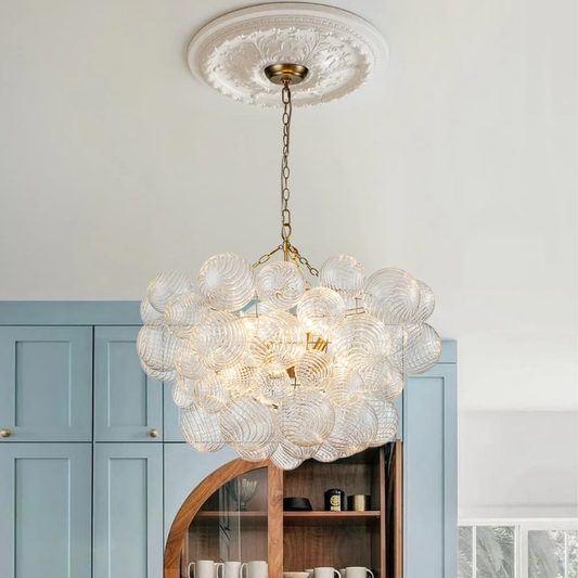 Handblown 6-Light Ribbed Glass Bubble Chandelier with Brass Finish