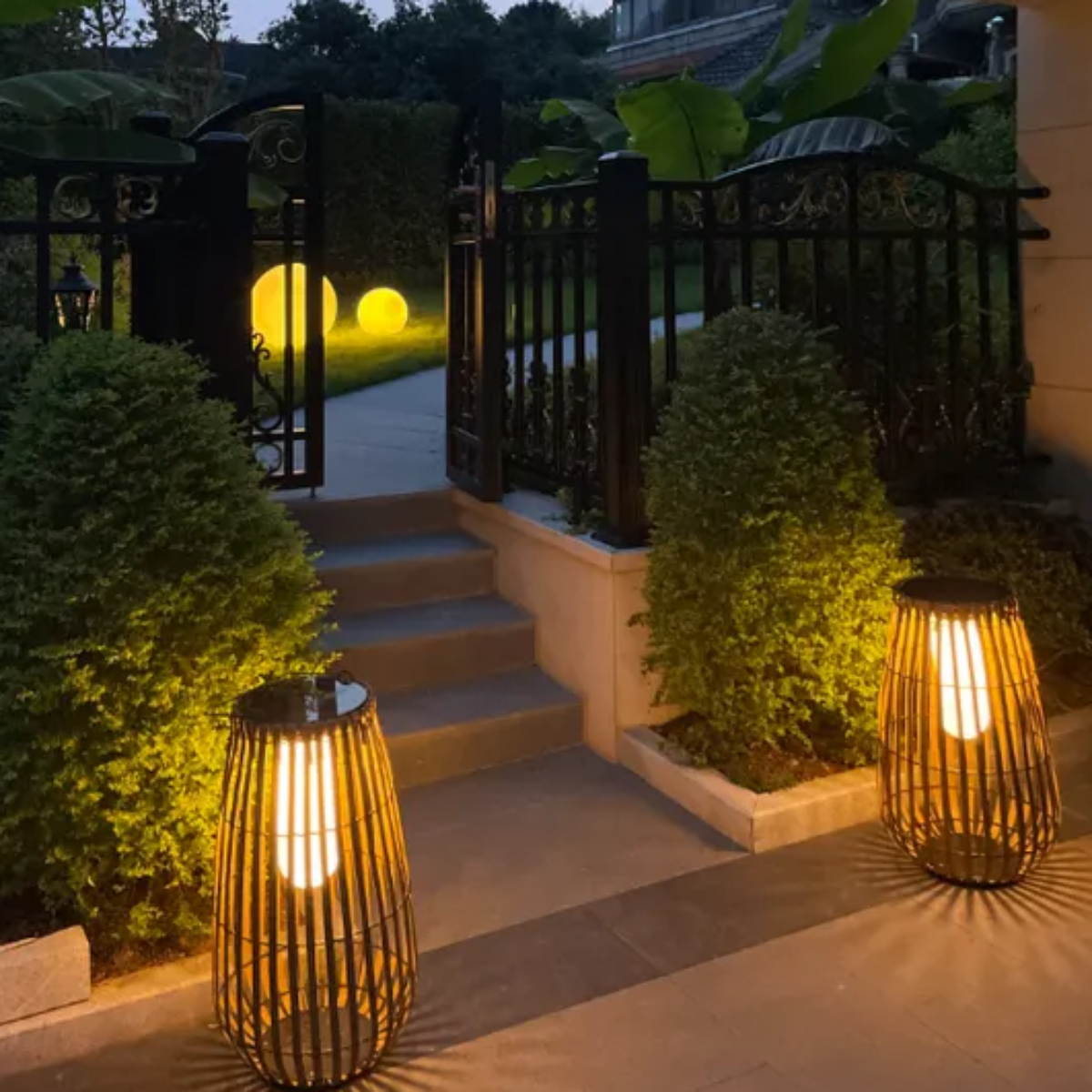 Handwoven Solar Rattan Floor Lamp – Outdoor Weather Resistant Design