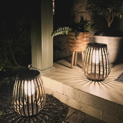 Handwoven Solar Rattan Floor Lamp – Outdoor Weather Resistant Design