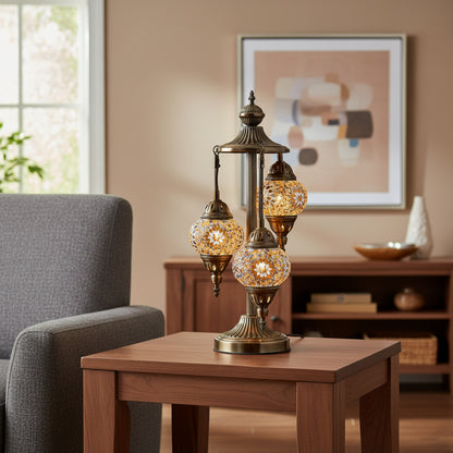 Handcrafted Mosaic 3-Globe Table Lamp | Tiffany Style Stained Glass Art