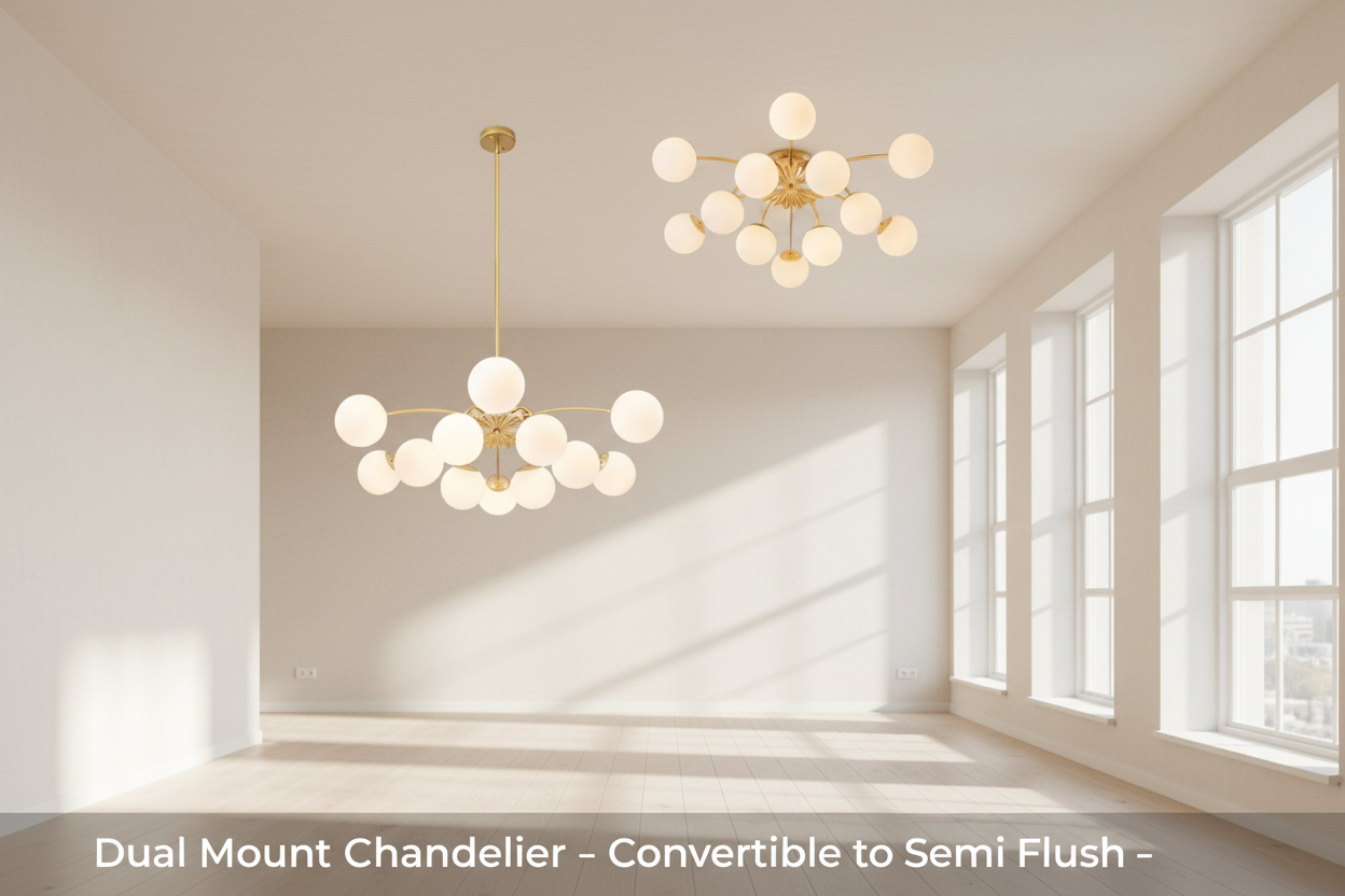 Brass 12-Light Convertible Semi Flush Mount & Pendant Chandelier