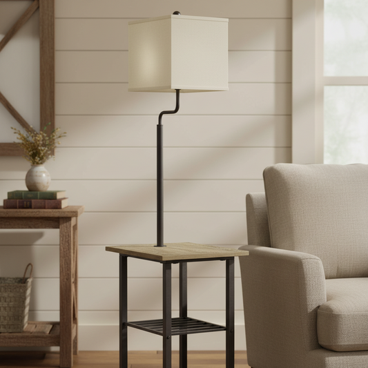 Farmhouse Black Metal & Wood Tray Floor Lamp