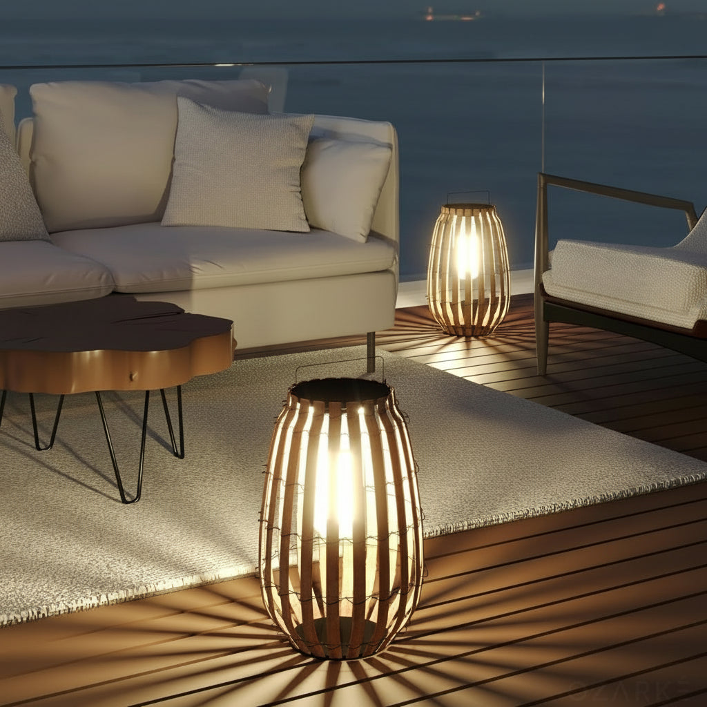 Handwoven Solar Rattan Floor Lamp – Outdoor Weather Resistant Design
