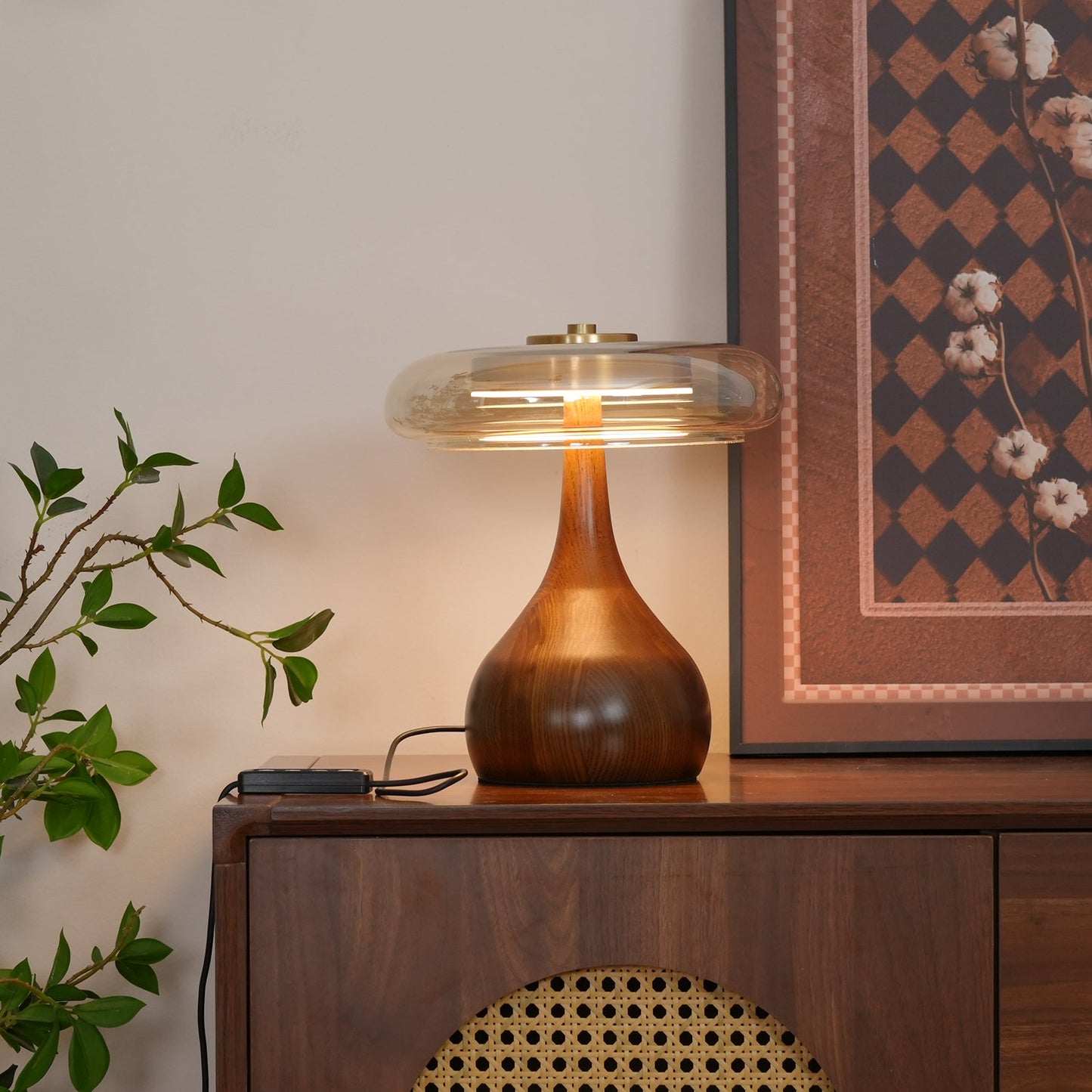 Wooden and Glass Table Lamp