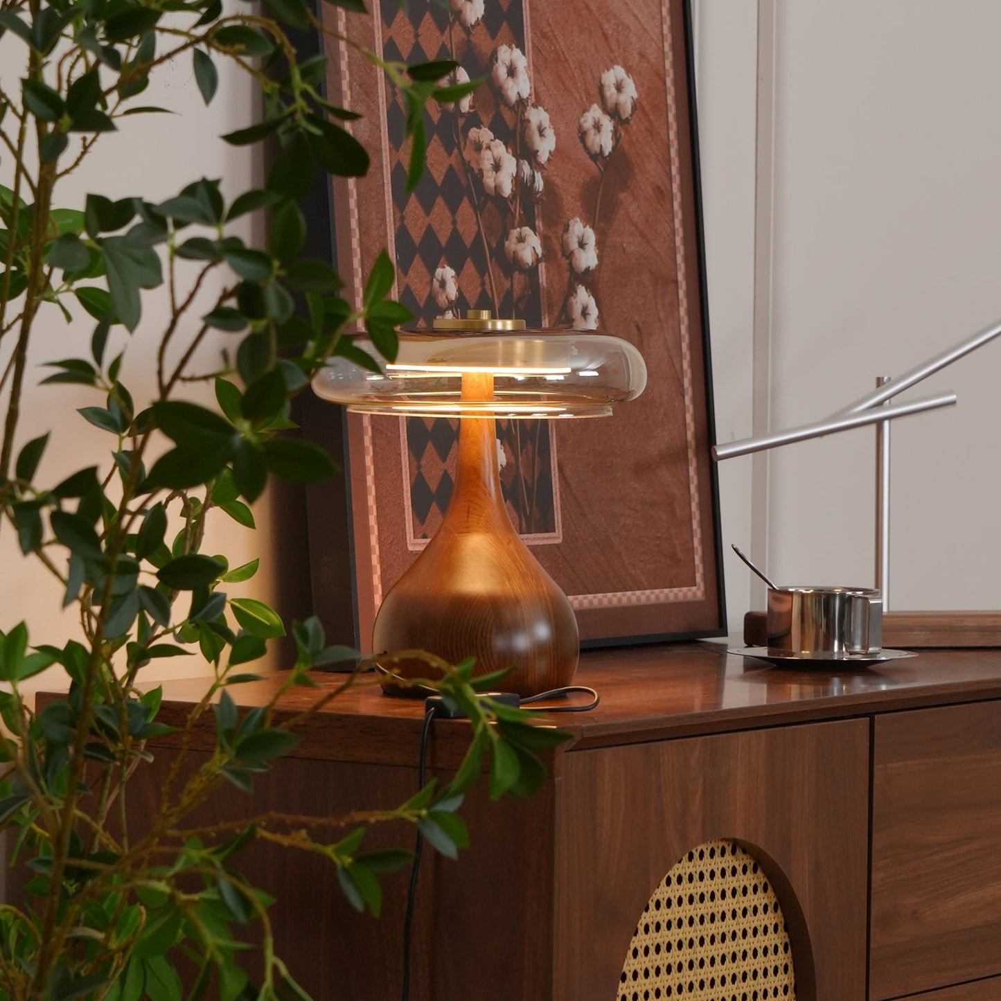 Wooden and Glass Table Lamp