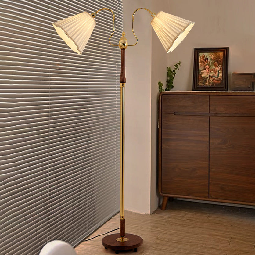 Vintage Floor Lamp with Pleated Fabric Shade – 2-Light Cylinder Standing Lamp, Iron & Wood Frame for Living Room