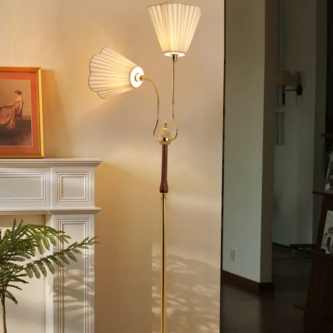 Vintage Floor Lamp with Pleated Fabric Shade – 2-Light Cylinder Standing Lamp, Iron & Wood Frame for Living Room