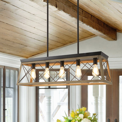 The Artisan Linear Island Chandelier | Real Solid Wood & 5 Free Edison Bulbs