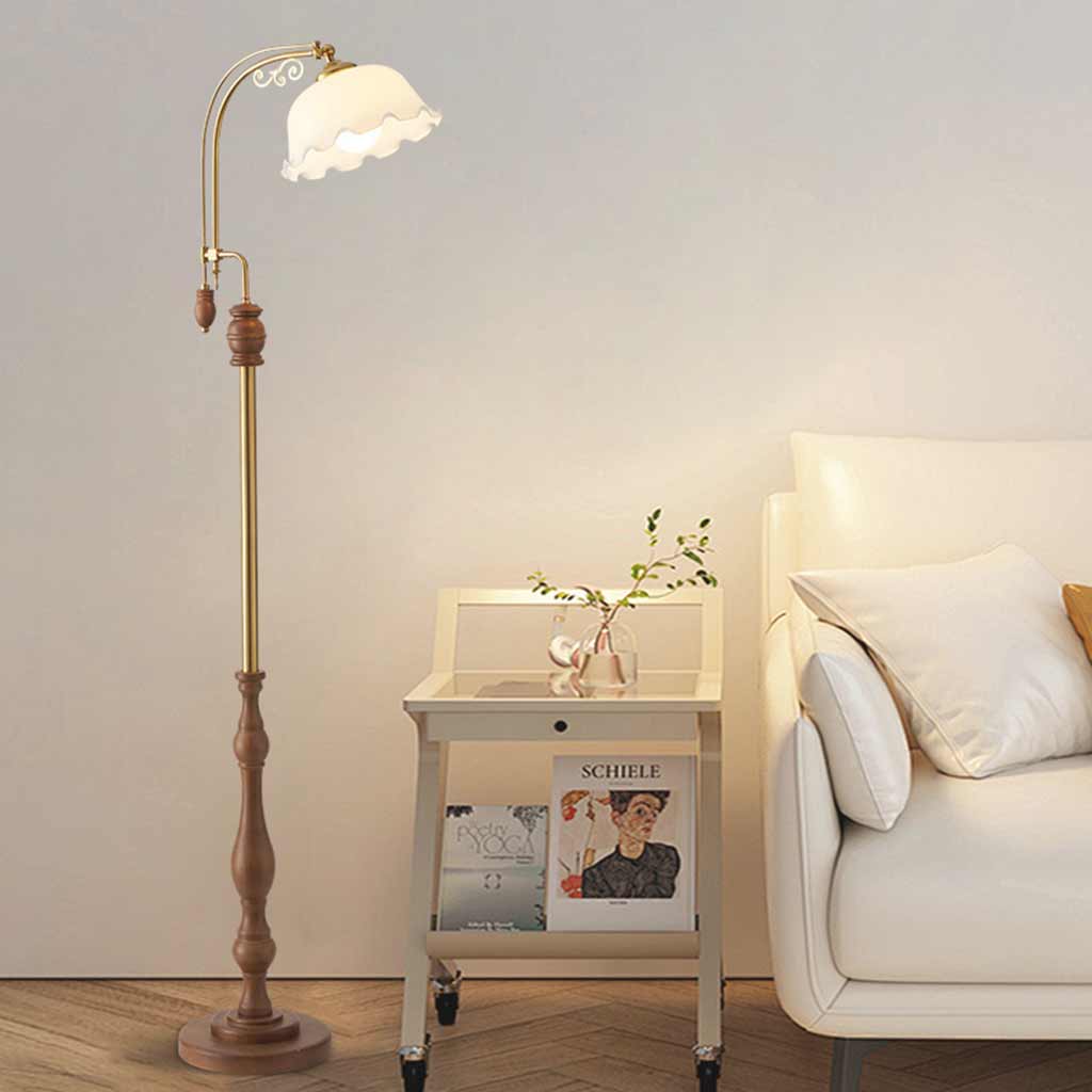 Table / Floor Lamp Vintage Arc Wood Glass Flower Lily of the Valley