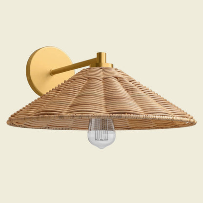 Brass Wall Light with Natural Woven Rattan