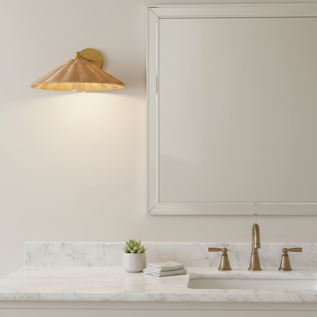 Brass Wall Light with Natural Woven Rattan