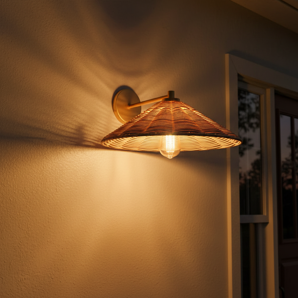 Brass Wall Light with Natural Woven Rattan