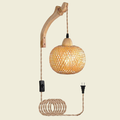 Rustic Farmhouse Round Wicker Wall Sconce – Woven Rattan Light Fixture