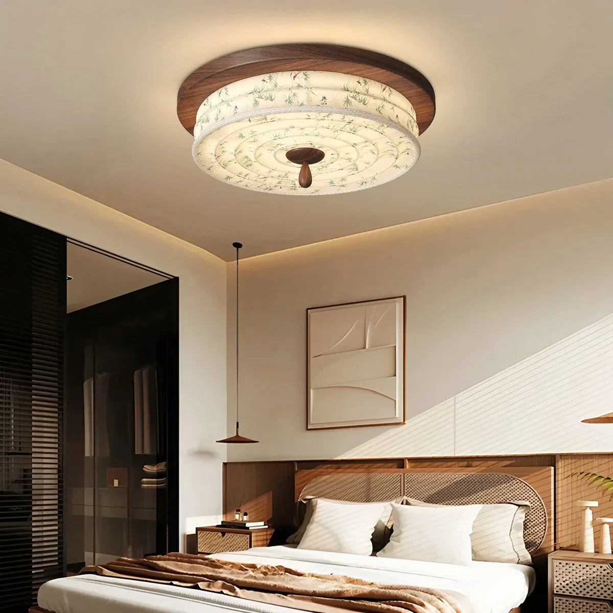 Wood Color Fabric Ceiling Lamp