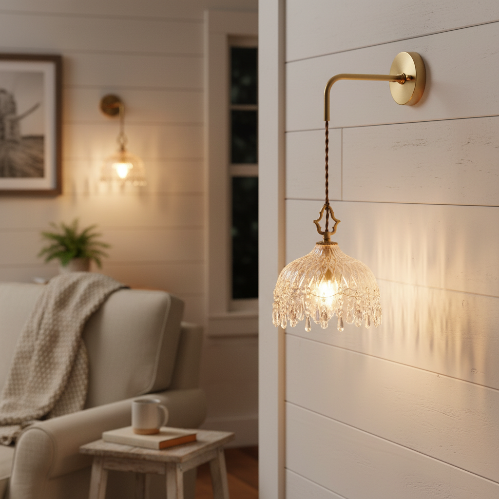 Vintage Crystal Glass Wall Sconce – Copper Frame Retro Wall Light for Bedroom & Living Room