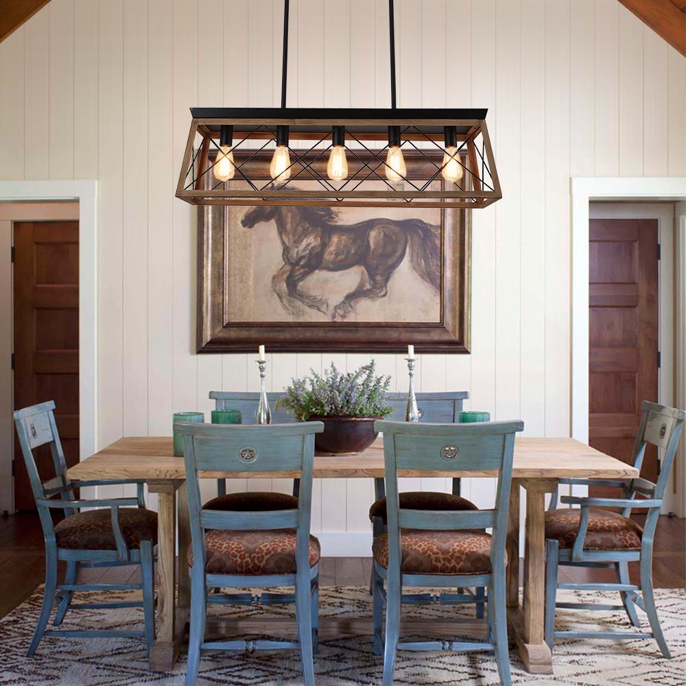 The Artisan Linear Island Chandelier | Real Solid Wood & 5 Free Edison Bulbs