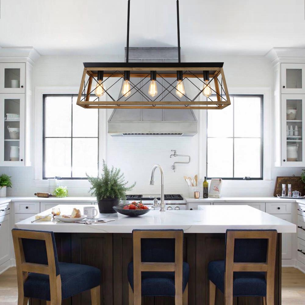 The Artisan Linear Island Chandelier | Real Solid Wood & 5 Free Edison Bulbs