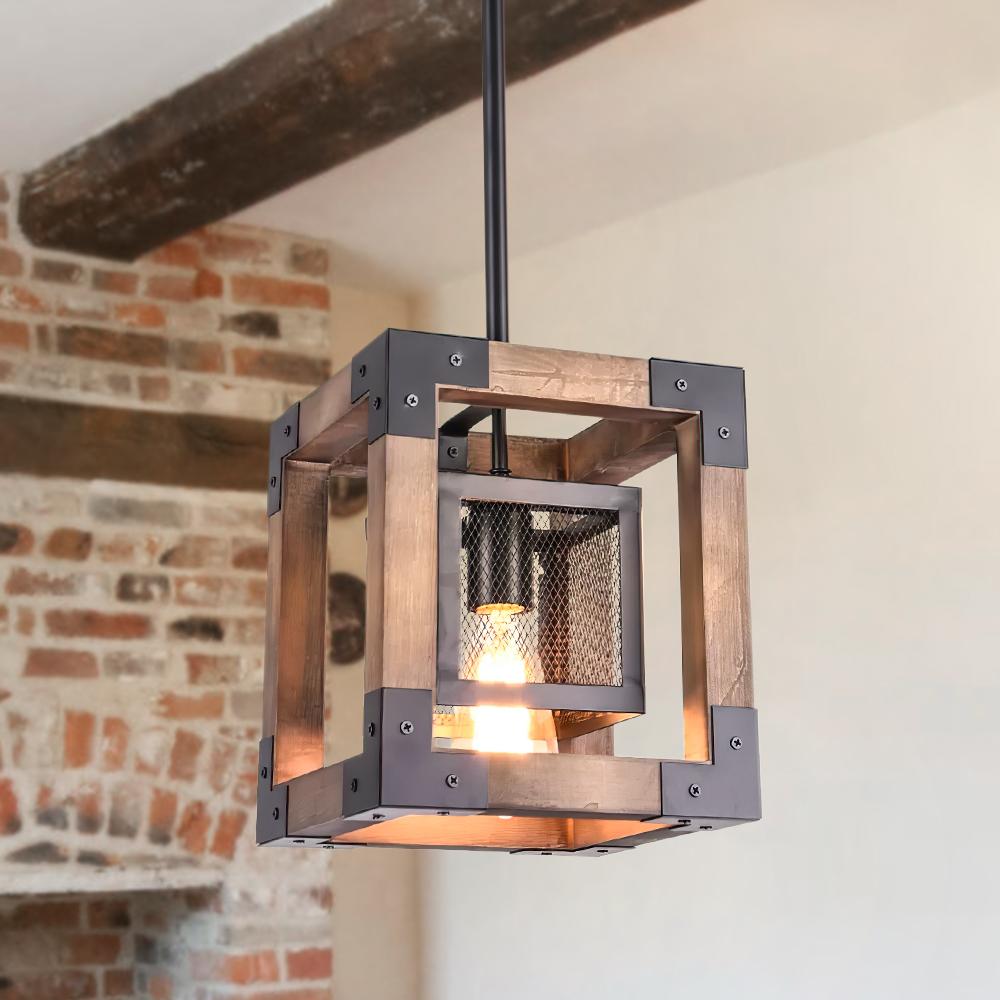 Farmhouse Wood Rectangle Lantern Pendant Light