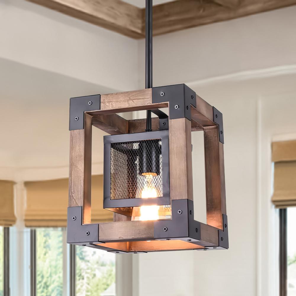 Farmhouse Wood Rectangle Lantern Pendant Light