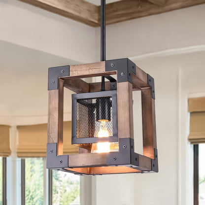 Farmhouse Wood Rectangle Lantern Pendant Light