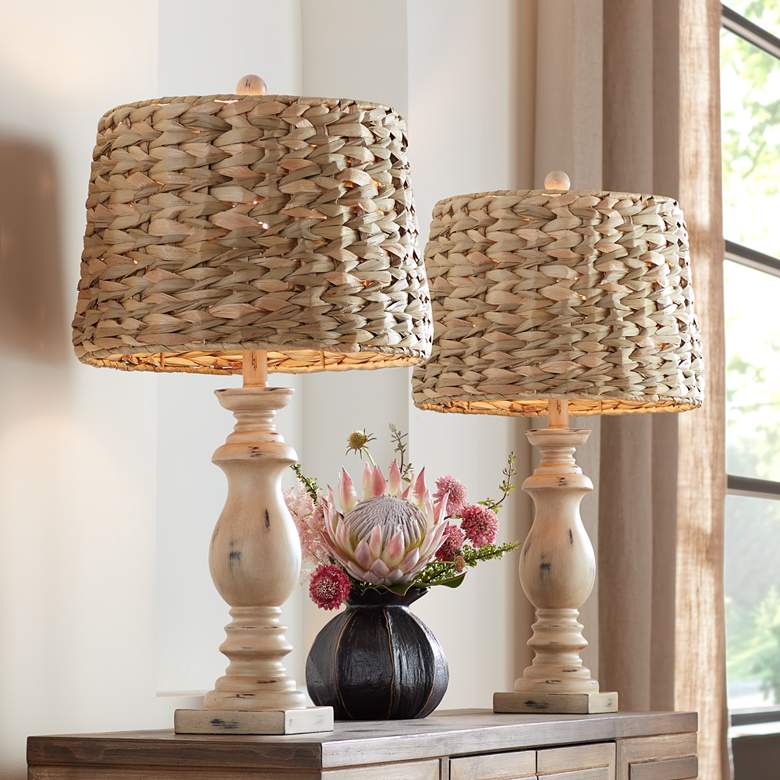 Farmhouse Seagrass Table Lamp with Wood & Resin Base