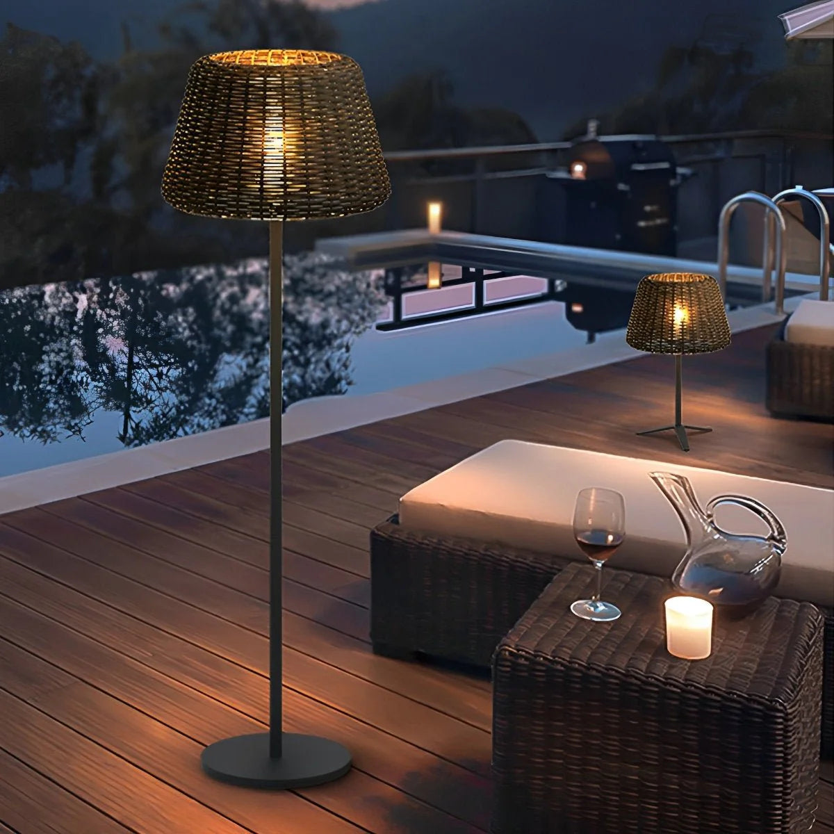 Solar Rattan Floor Lamp – Waterproof Teak Design,Warm Ambient Glow