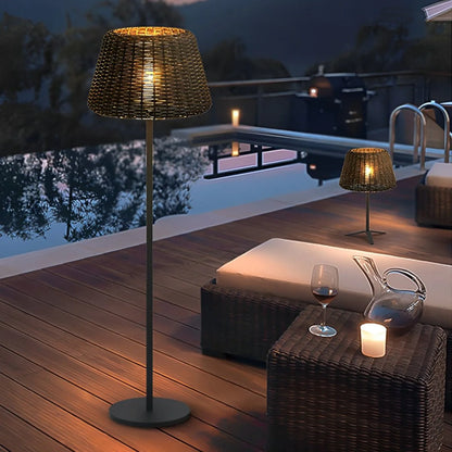Solar Rattan Floor Lamp – Waterproof Teak Design,Warm Ambient Glow