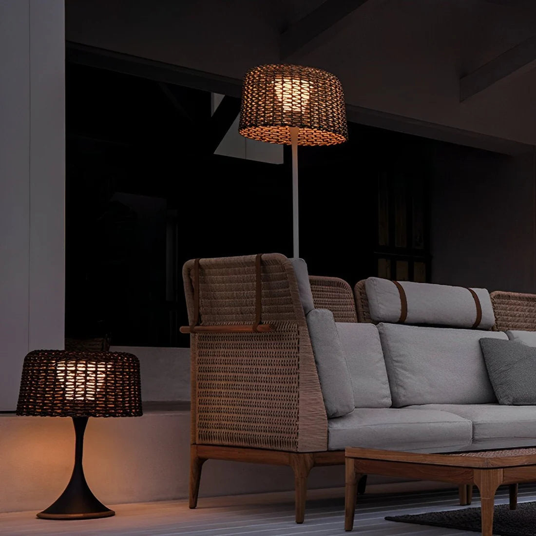 Solar Rattan Floor Lamp – Waterproof Teak Design,Warm Ambient Glow
