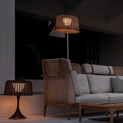 Solar Rattan Floor Lamp – Waterproof Teak Design,Warm Ambient Glow