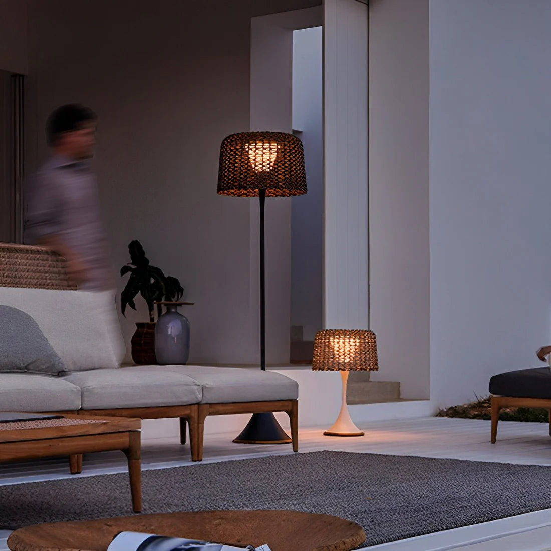 Solar Rattan Floor Lamp – Waterproof Teak Design,Warm Ambient Glow